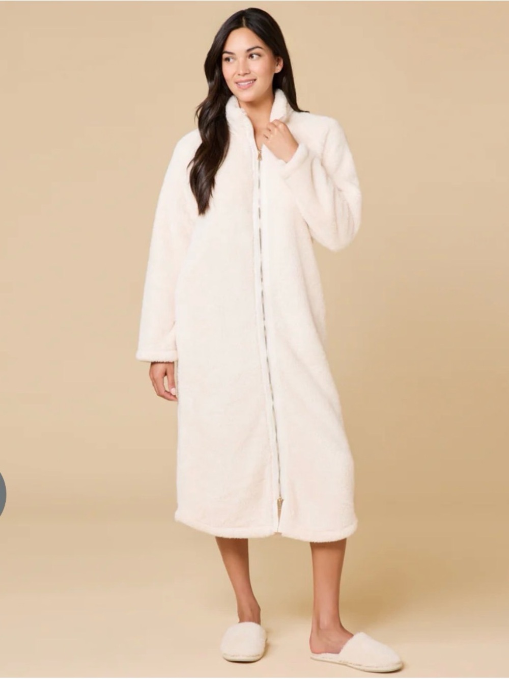Cozy Full-Length Cream Zip Plush Robe for Women